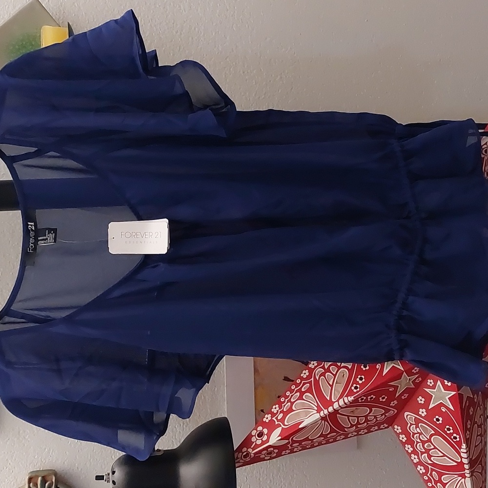 Semi sheer navy blue ruffle sleeve short sleeve top